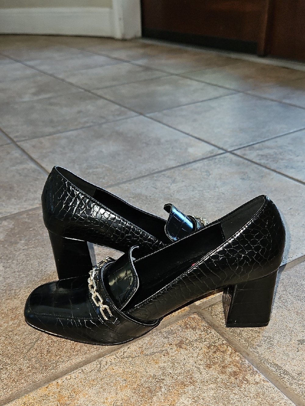 London Rebel Black Croc-Embossed Block Heel Loafers with Chain Detail